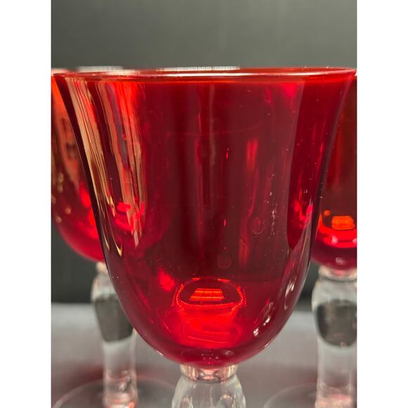 Set of 5 Handblown Ruby Red Bell-Shaped Goblets with Clear Stems – Elegant - Picture 11 of 12